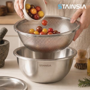 스텐시아 프리미엄 올 스텐 믹싱볼 타공채반 뚜껑 3P 세트 22cm