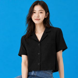💙재입고특가💙린넨 블랙 슬림 반팔 셔츠 [크롭]