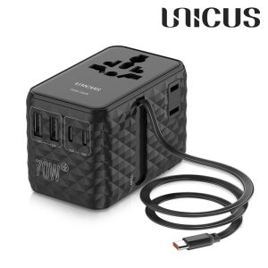 우니쿠스 해외 여행용 멀티 어댑터 GaN PD 70W 초고속 충전릴 케이블 내장 5포트 2500W