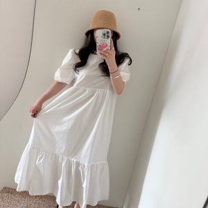 나나 퍼프소매 캉캉 프릴 오버핏 루즈핏 반팔 롱 원피스