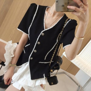 블랑 브이넥 수술 배색 벌룬 퍼프 여름 반팔자켓 (2size)
