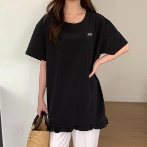 빅사이즈 라운드넥 금속장식 셔링 프릴 아이스 반팔티 티셔츠 데일리룩 ~5XL 자체제작