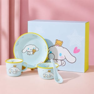 산리오 도자기 세라믹 식기 1인용 세트 접시 밥그릇 머그컵 수저 4P 시나모롤, 1세트