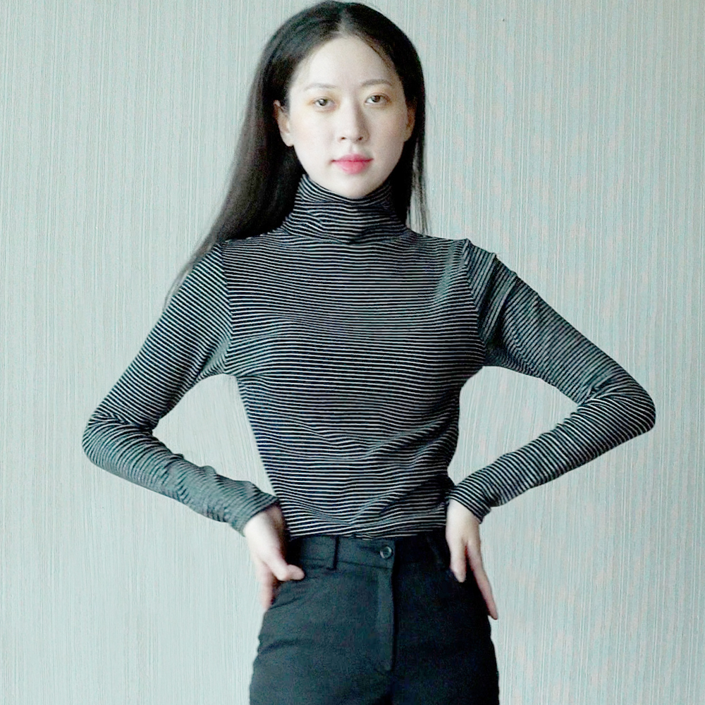데일리 슬림핏 타이트 스판 줄무늬 스트라이프 목폴라 티셔츠(블랙/ 그레이)
