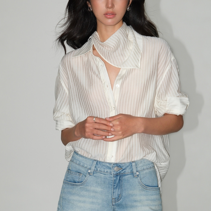 스트라이프 카라넥 셔츠 루즈핏 화이트 핑크 줄무늬 스카프