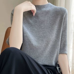 트렌디 니트 여성 솔리드 반폴라 반팔 루즈핏 티셔츠 박시 캐주얼 봄여름 상의 울 그레이