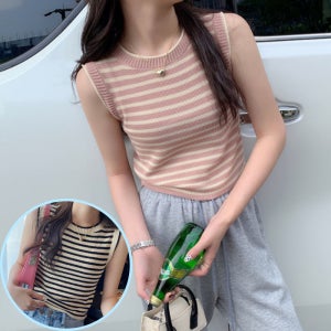 여자 스트라이프 크롭 니트 민소매 나시 여름 봄 가을 여성 비치 휴가 여행 캐주얼룩