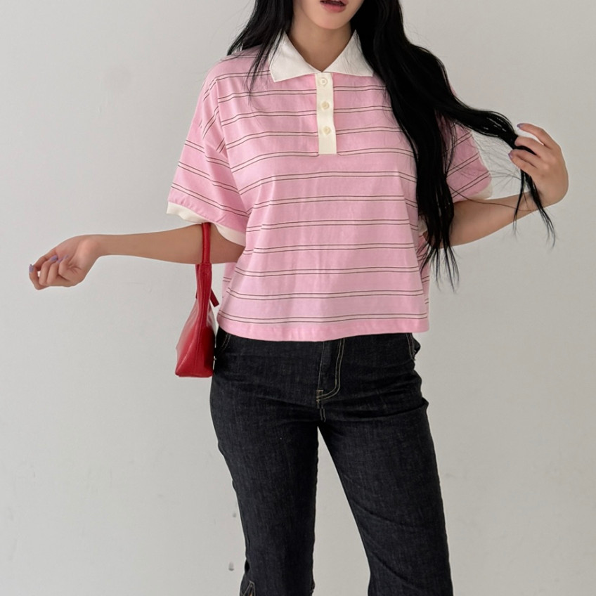 마리 카라 단가라티 세미 크롭 스트라이프 반팔 티셔츠 핑크 네이비