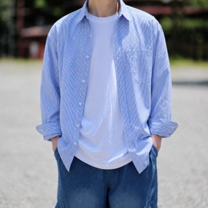 라이트 블루 스트라이프 오픈 셔츠 데일리룩 스카이블루, XL