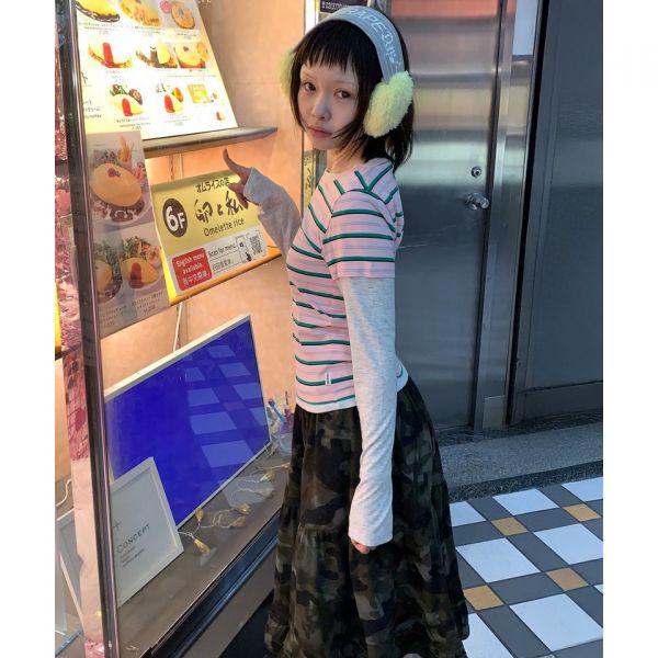 매장정품 YOUHEE CAMO TIERED LAYERED MIDI SKIRT_KHAKI