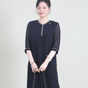 엄마옷 메탈 목걸이 장식 브로치 쉬폰 여름 7부 시스루 소매 정장 원피스 K07604