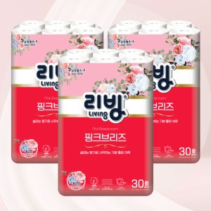 리빙 천연펄프 핑크브리즈 롤 화장지 휴지 27m, 30롤, 3팩