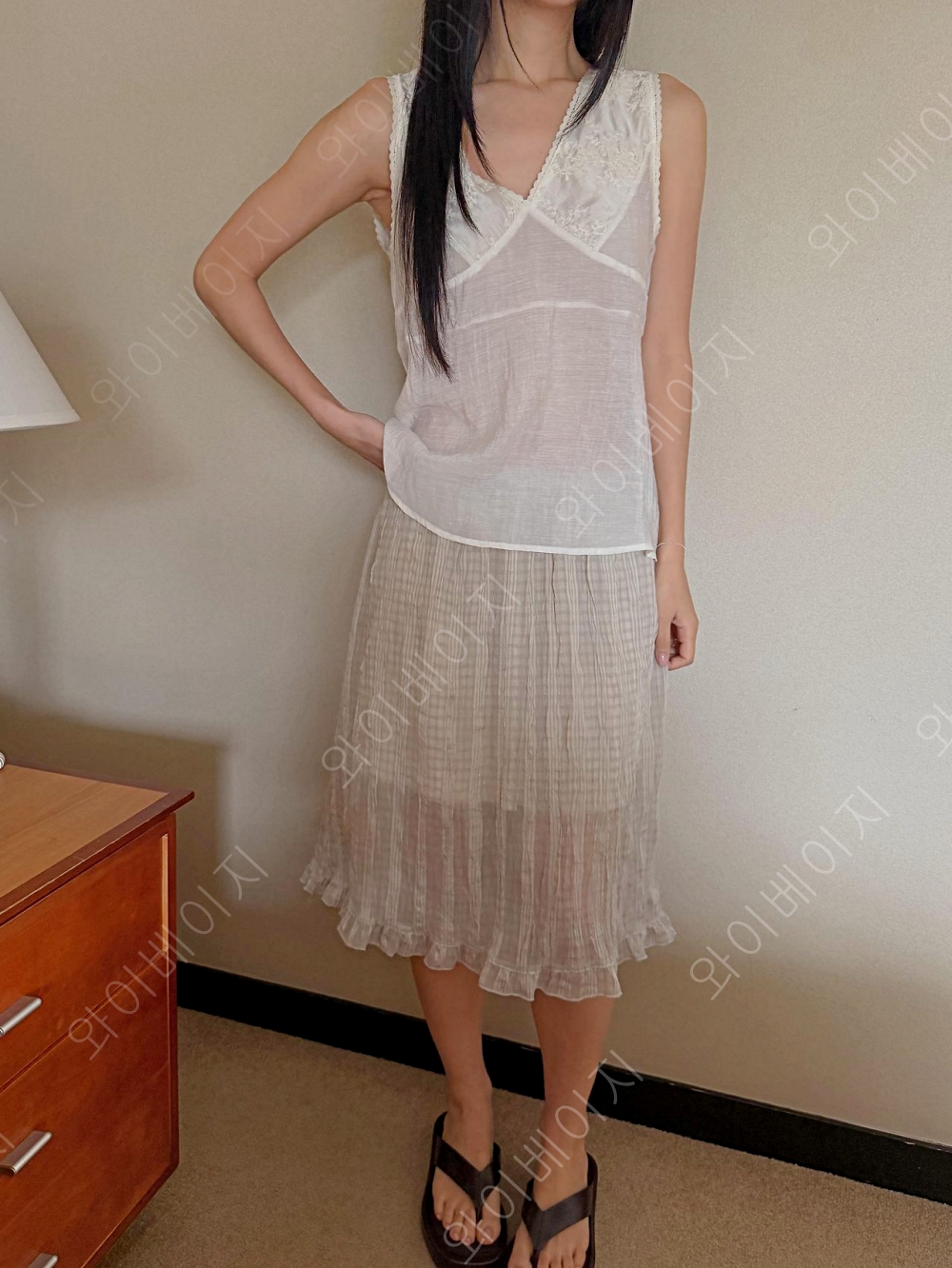 썸머 체크 시스루 미디 스커트 허리 밴딩 프릴 오간자 주름 치마