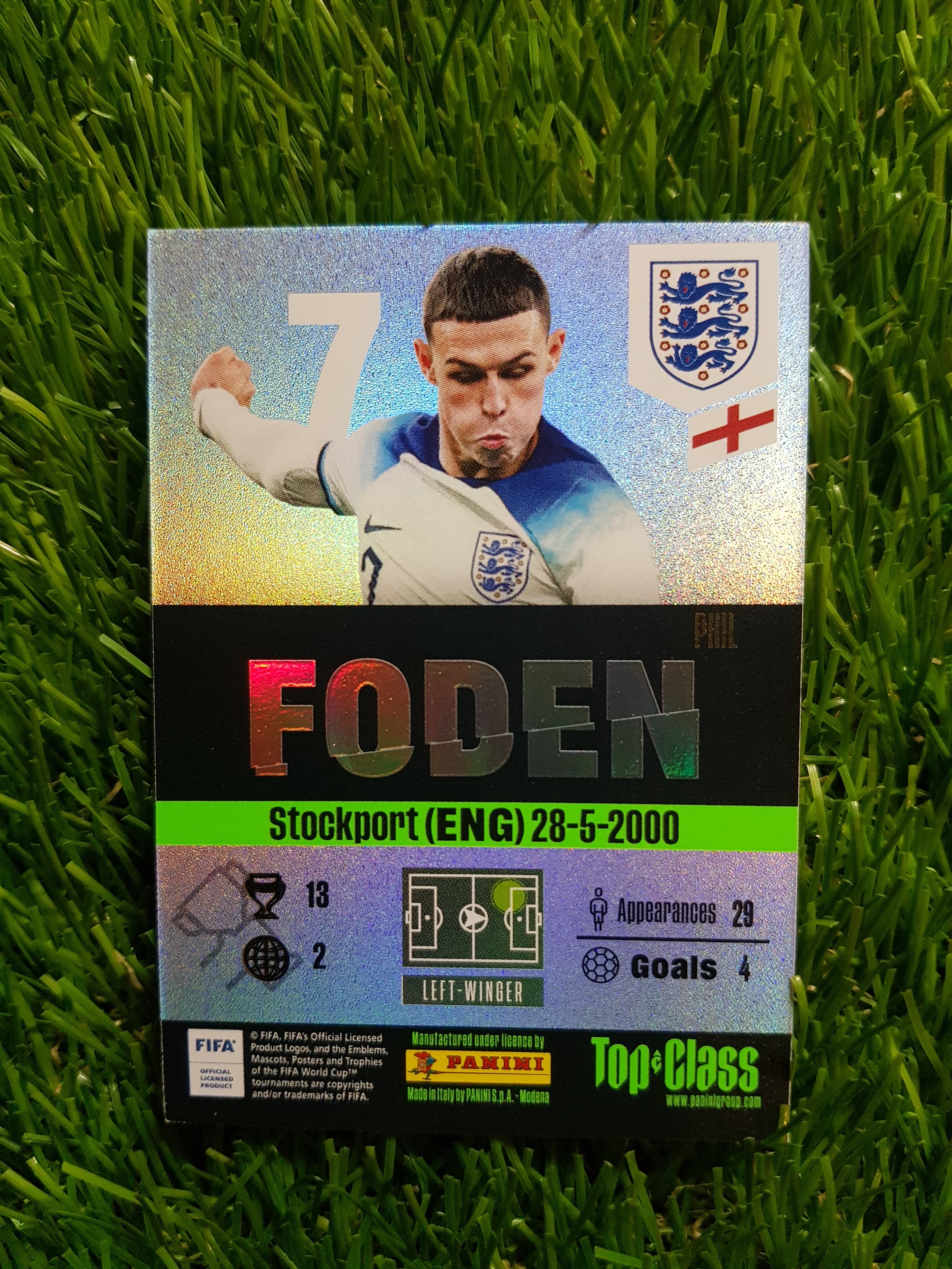 축구카드 2023/24 Panini Top Class 시리즈의 잉글랜드 국가대표 필 포든(Phil Foden) ’Winner’ 인서트 카드(번호 190)