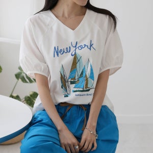뉴욕 요트 V넥 퍼프소매 티셔츠 블라우스