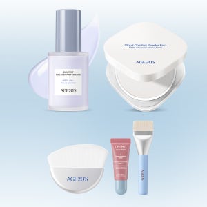 에이지투웨니스 클라우드 컴포트 파우더 팩트 5.8g + 스킨 퍼스트 에그 이븐 프렙 에센스30ML 2종 세트(+브러쉬2종, 립세럼 미니)