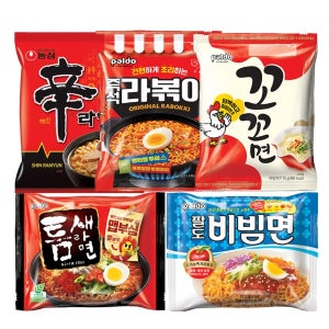 봉지라면 5종혼합 농심신라면 5개 + 팔도라볶이 4개 + 팔도 꼬꼬면 5개 + 틈새라면빨계떡 5개 + 비빔면 5개