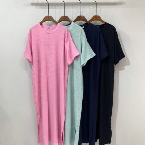 (77가능,오늘출발)주시 엠보 주름 트임 반팔 롱 원피스 4color