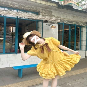 모리걸 미니 원피스 리본 카라 3단 코티지코어 캉캉 프릴 양산형 노랑 옐로우