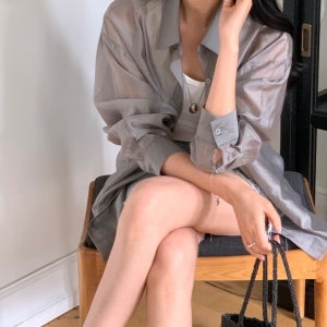 샴페인 글로시 텐셀 시스루 썸머 남방셔츠 국내생산 루즈핏 여성 블라우스 55~77 4컬러