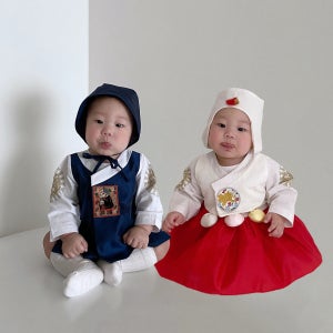 포크칩스 베베 아기 남아 여아 연지곤지 한복 바디슈트
