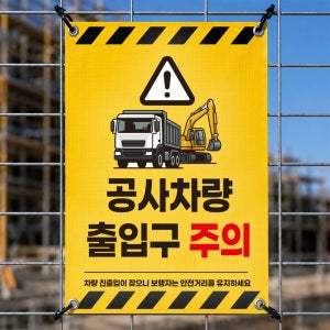 공사차량 출입구주의 보행자 안전거리 세로형 타포린 아일렛 안전표지판 현수막 방수 안내판 중