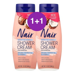 Nair 샤워 크림 헤어 리무버 민감한 포뮬라 천연 코코넛오일 비타민E 340g, 2개
