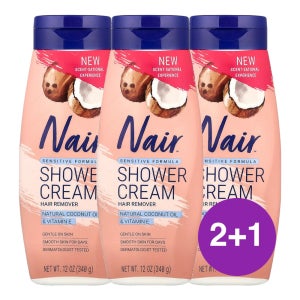 Nair 샤워 크림 헤어 리무버 민감한 포뮬라 천연 코코넛오일 비타민E 340g, 3개
