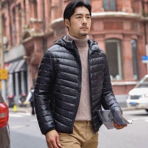 슬림한 남성용 경량 패딩, 한국판 슬림핏 검은색 후드 4XL
