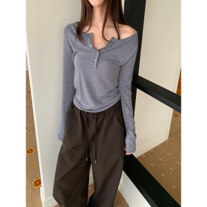 flat 버튼단가라긴팔티 가을 간절기 스트라이프 단가라 헨리넥 이너 반오픈 여리핏 티셔츠