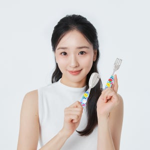 주니 올스테인리스 자기주도 이유식 스푼·포크 수저세트 체크패턴 스카이체크