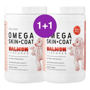 Chew Heal Omega 스킨 코트 강아지 고양이용 연어 513g, 2개