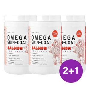 Chew Heal Omega 스킨 코트 강아지 고양이용 연어 513g, 3개