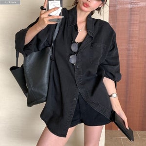 롬스 블랙 오버핏 카라넥 하프 데님 셔츠 1col 가을 봄 빅사이즈 루즈핏 제이플로우