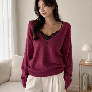 (브라운, 퍼플, 카키 당일배송/판매BEST) 9683. 버튼 모헤어 울 딥브이넥 데일리 캐쥬얼 루즈핏 심플 긴팔니트