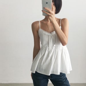 여성 끈조절 레이스 프릴 브이넥 나시 티셔츠 블라우스 이너 레이어드 비치 홈웨어 봄 여름
