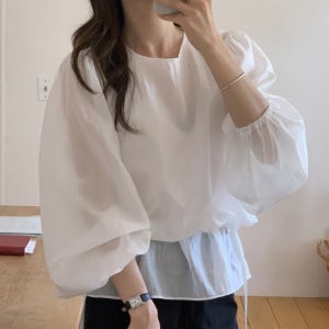 볼륨소매 허리 스트링 이중 레이어스 긴팔 블라우스 여성 가을 시스루 데일리 출근 오피스룩