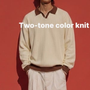 투톤 배색 카라넥 브이넥 남자 와플 니트 긴팔 4color