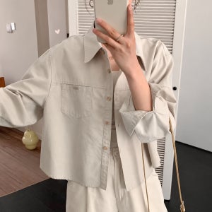 (카키 당일배송/판매BEST) 9799. 봄가을 간절기 데일리 캐쥬얼 레이어드 크롭 긴팔 면 카라 심플 긴팔 남방셔츠