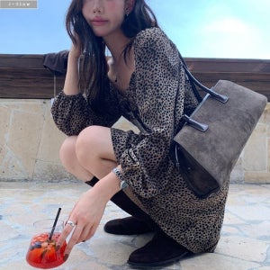 리콜 호피레오파드 스퀘어넥 허리끈 미니원피스 1col 가을 봄 7부소매 벌룬 제이플로우