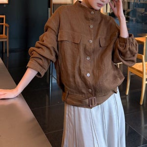 브라운 하이넥 여성린넨자켓
