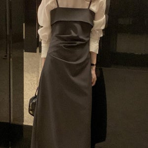 가을 하객룩 A라인 셔링 뷔스티에 레이어드 롱 원피스 슬림핏