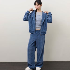 코랄리크 소프트 셔닐 후드 집업 셋업 블루