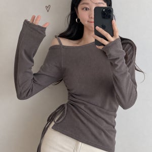 (블랙, 모카 당일배송/판매BEST) 5183. 로맨틱 리본 언발 스트링 여리슬림핏 오프숄더 스판 허리잘록 긴팔