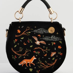 페이블 잉글랜드 토트백 Fox & Owl 자수 블랙 Top Handle Saddle Bag