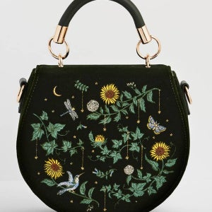 페이블 잉글랜드 토트백 Sunflower 그린 Velvet 자수 Top Handle Bag