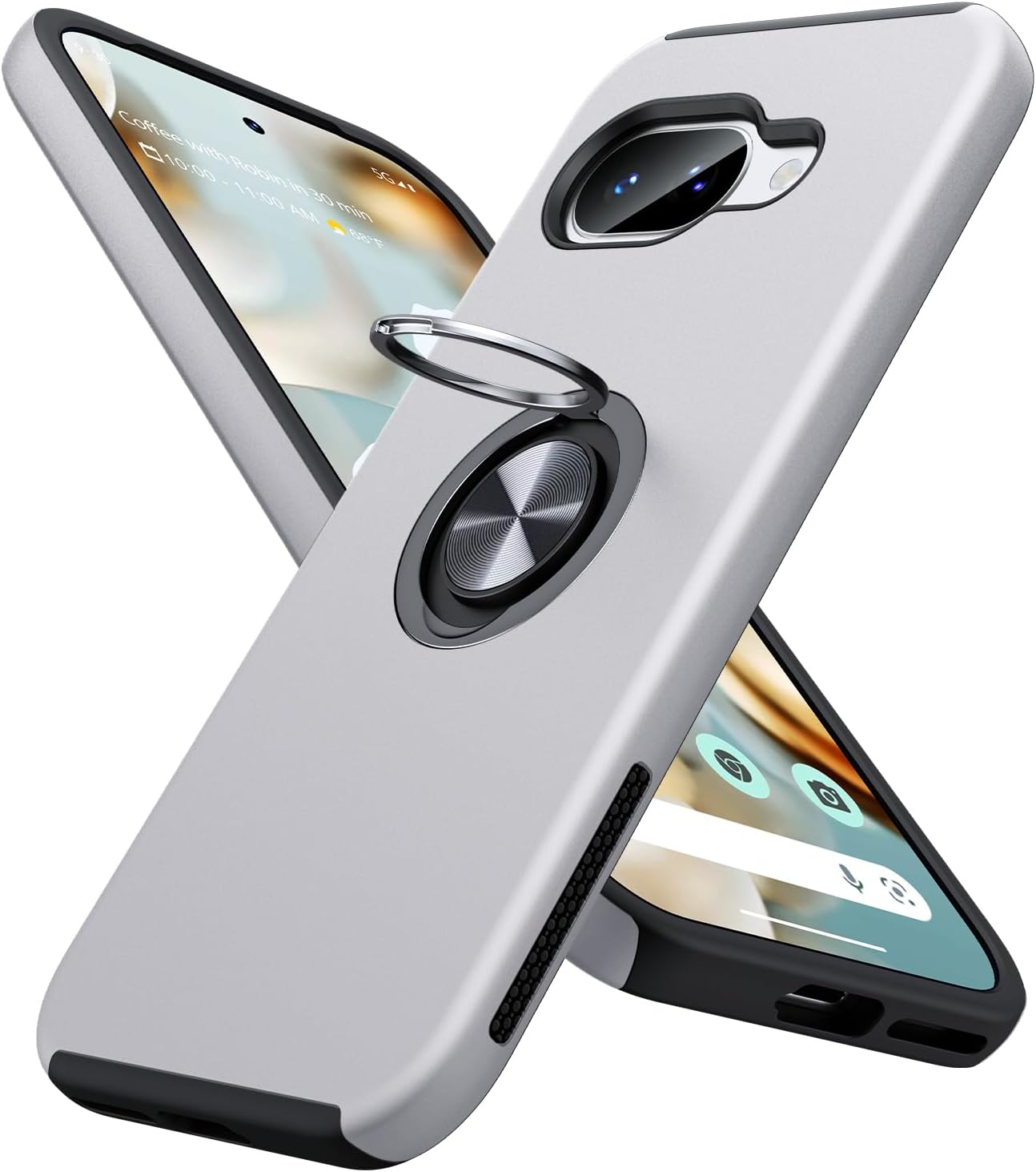 Googleピクセルフォンケースリングスタンド軍用カバーSilver、Google Pixel 9A