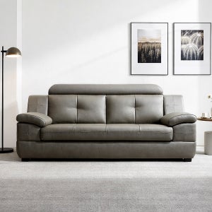 동서가구 제이홈스 라텍스탑 구스다운 신혼 천연 가죽 소파 스툴미포함, 카키그레이, 3인용