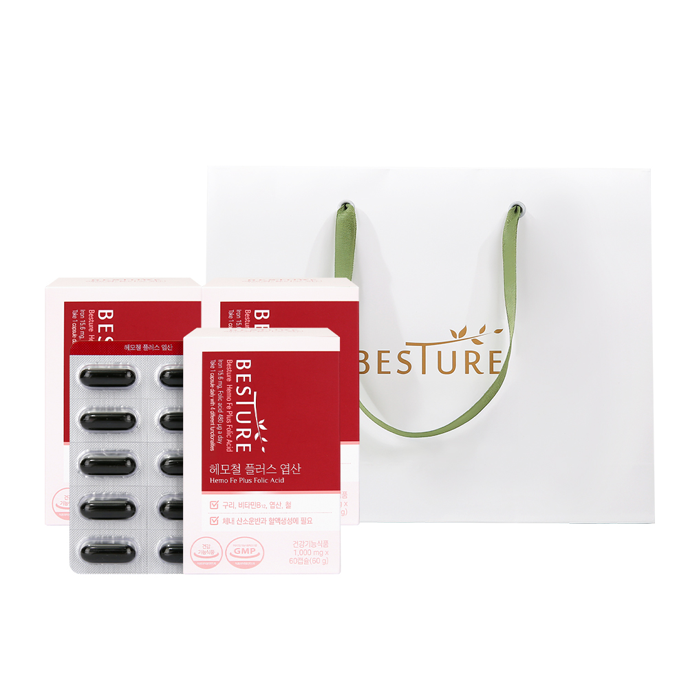 [쇼핑백증정] 베스처 헤모철 <b>플러스 엽산</b> 3박스 6개월분 임산부영양제 임신준비 <b>철분</b> 헴철