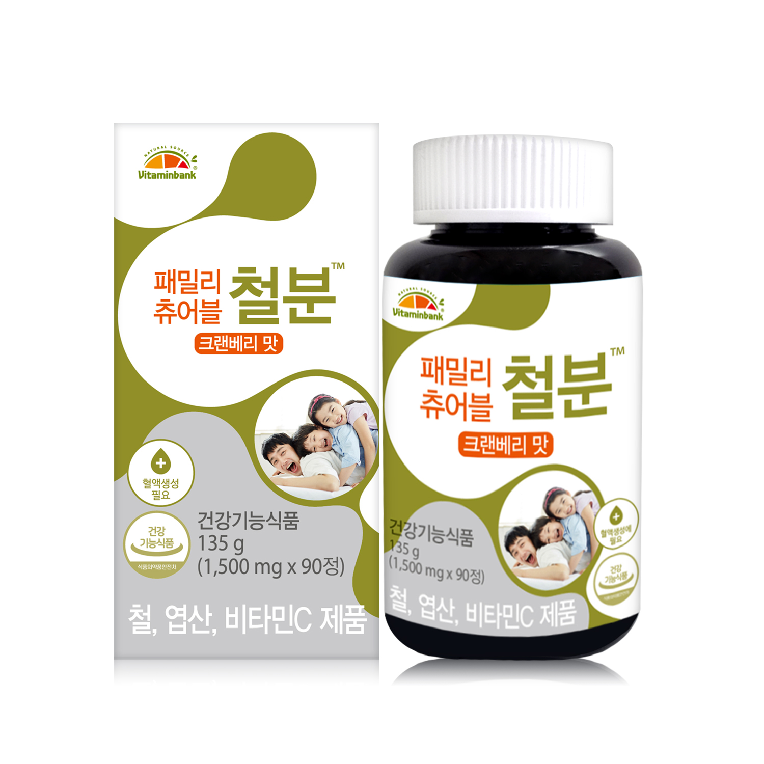 [<b>비타민뱅크</b>] 패밀리 츄어블 철분 크랜베리맛 90정 1박스 3개월분